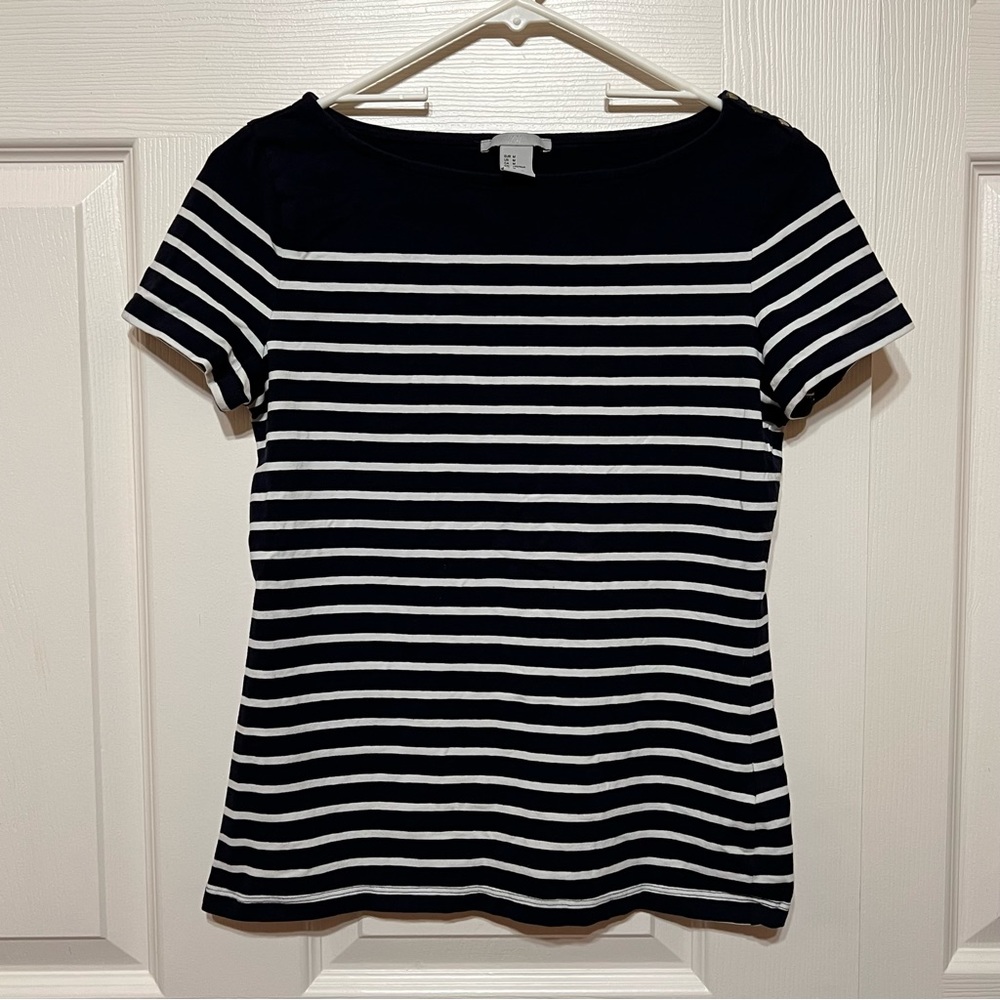 H&M White and Navy Blue Stripe Short Sleeve Top Size M